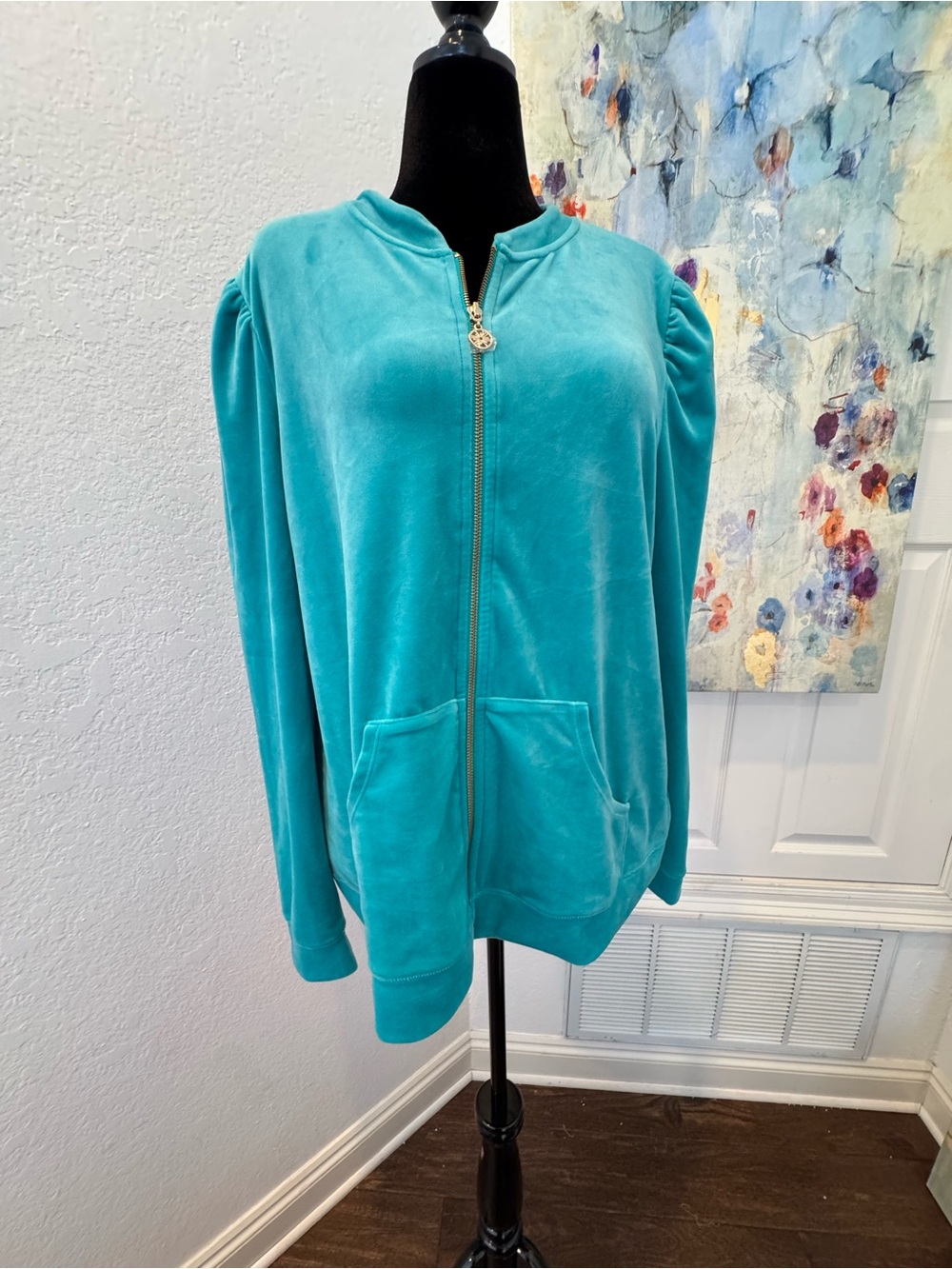 🎁🎄NWT Lilly Pulitzer Sz XXL Evanna Velour Puff Sleeve Zip-up Maldives Green 🎁🎄